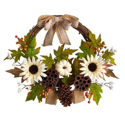 20" Autumn Sunflower, White Pumpkin and Dried Lotus Pod Artificial Fall Wreath with Decorative Bow