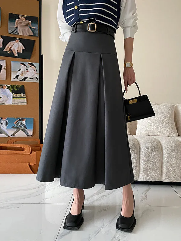 A-Line High Waisted Pleated Solid Color Split-Joint Skirts Bottoms