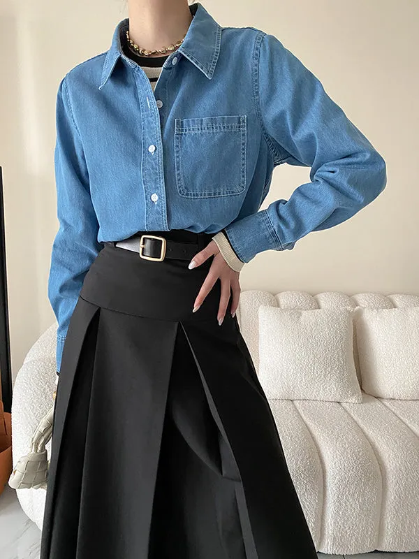 A-Line High Waisted Pleated Solid Color Split-Joint Skirts Bottoms