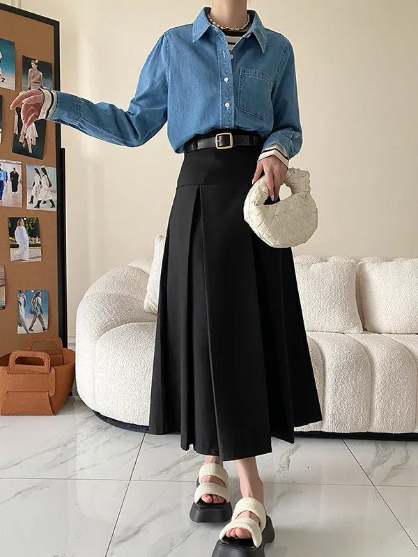 A-Line High Waisted Pleated Solid Color Split-Joint Skirts Bottoms