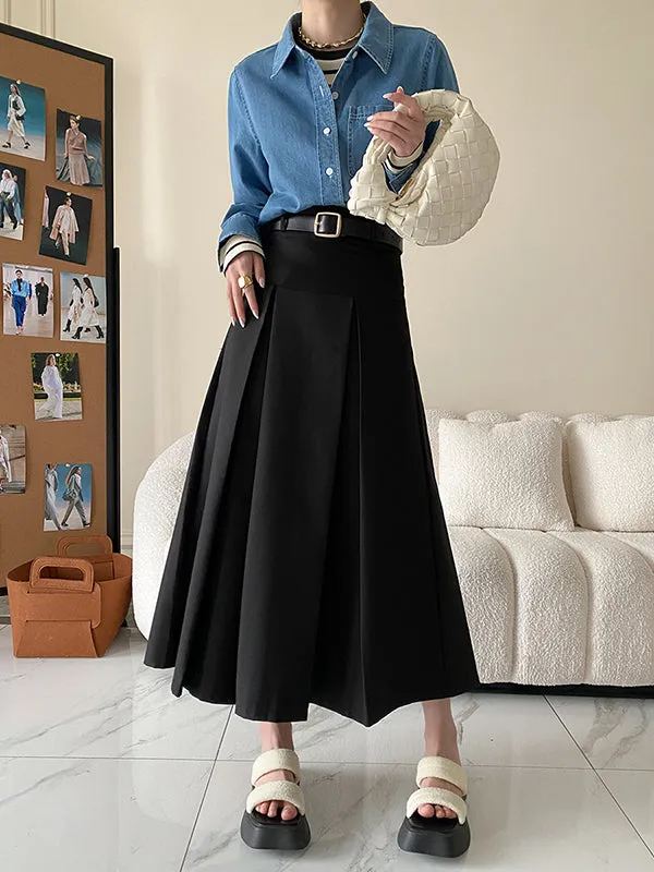 A-Line High Waisted Pleated Solid Color Split-Joint Skirts Bottoms