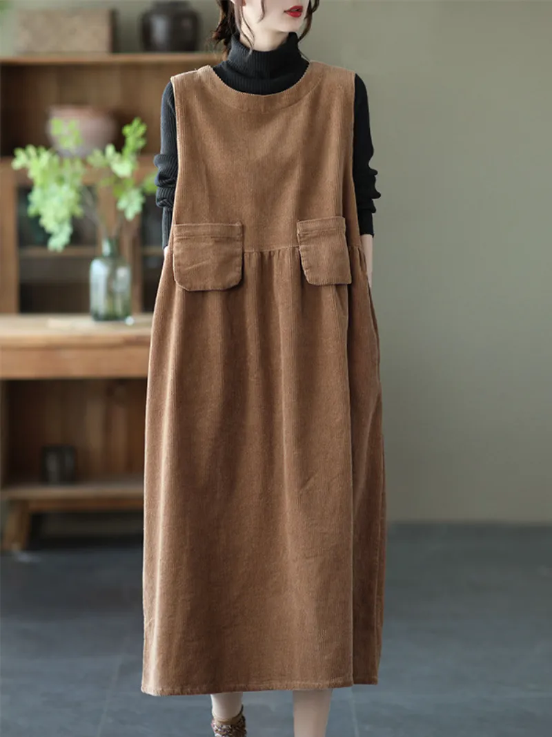 Autumn Corduroy Vest Skirt Loose Sleeveless Strap A-Line Dress