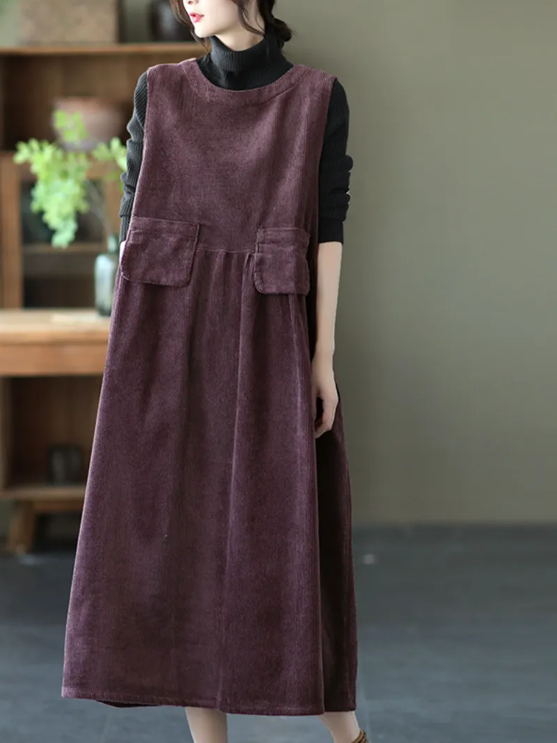 Autumn Corduroy Vest Skirt Loose Sleeveless Strap A-Line Dress