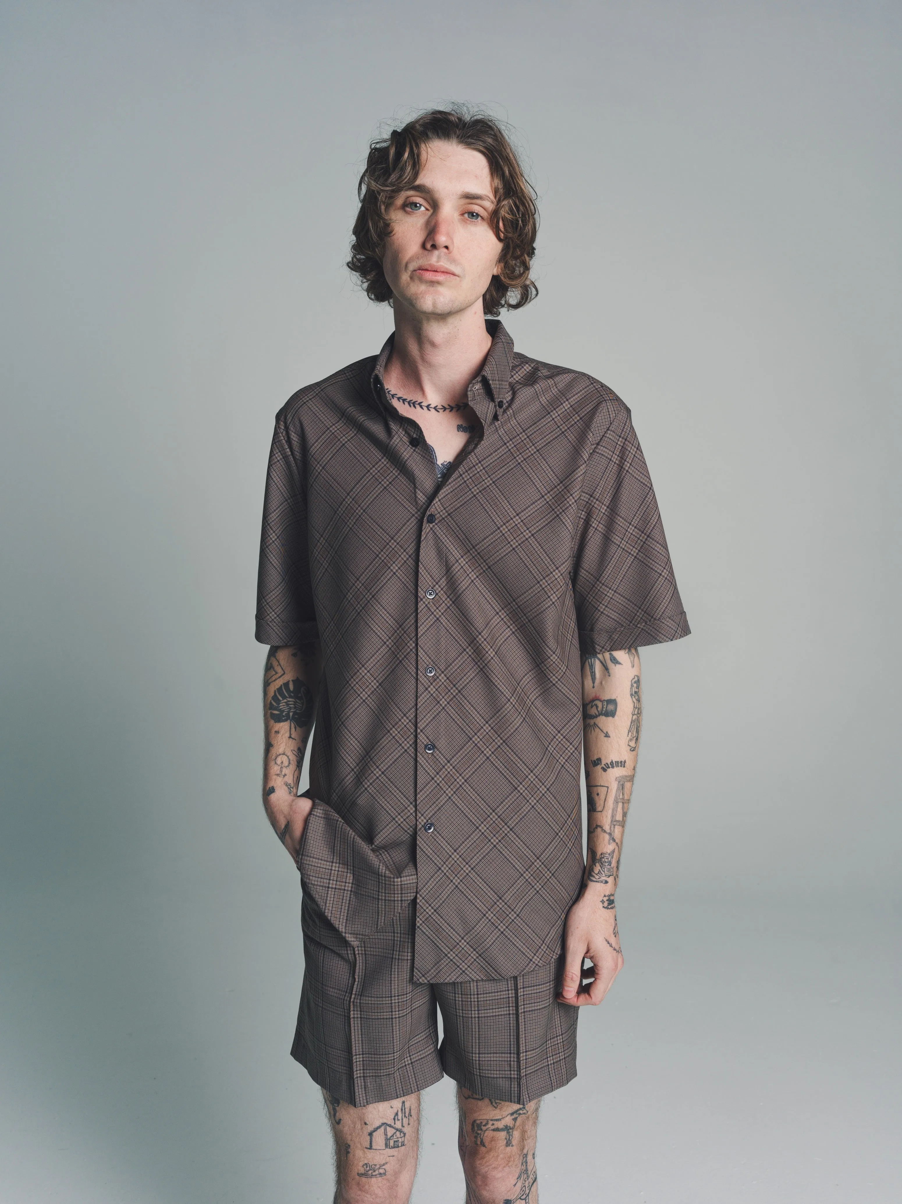 Beige & Brown Check Short Sleeve Shirt