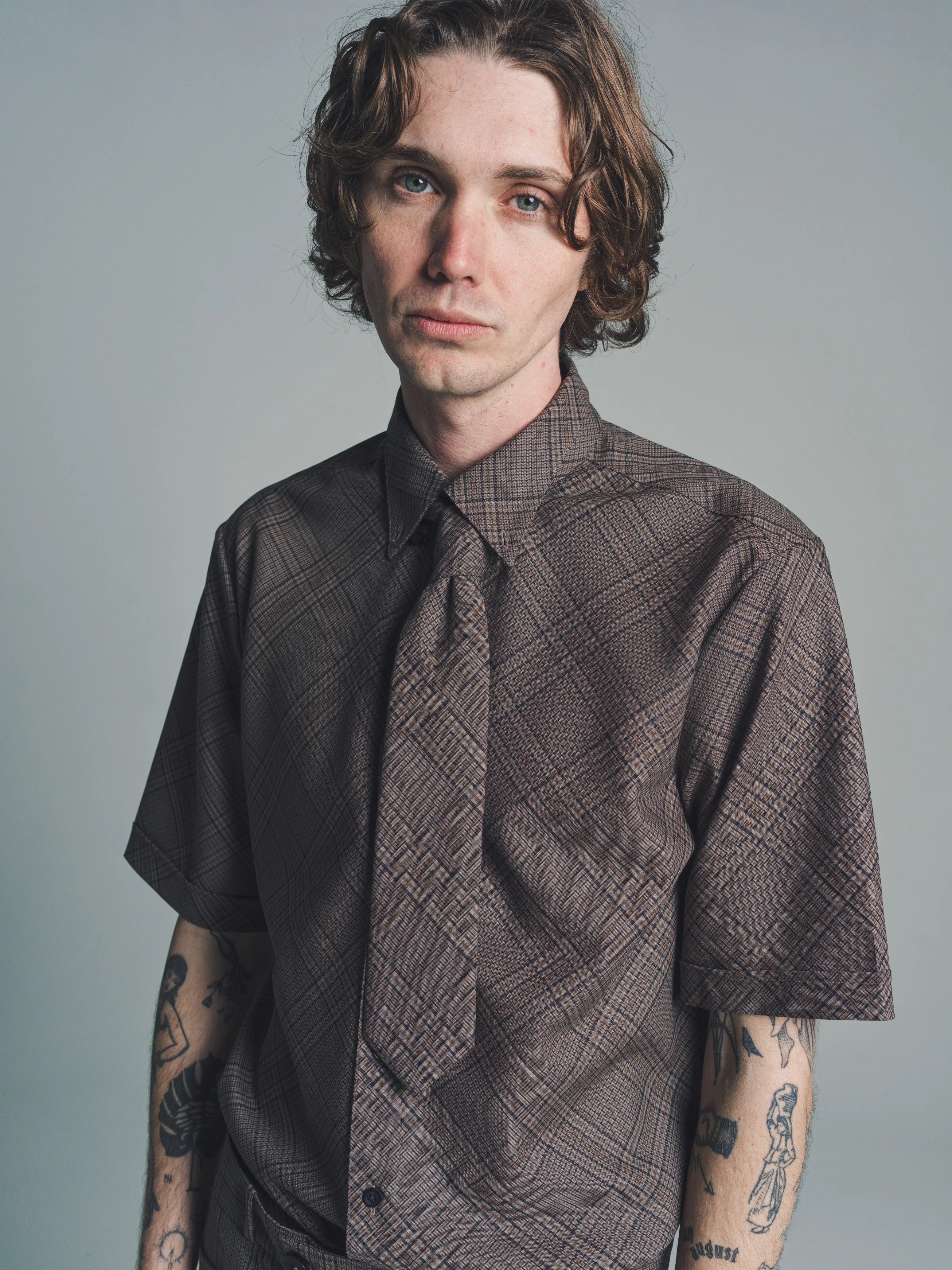 Beige & Brown Check Short Sleeve Shirt