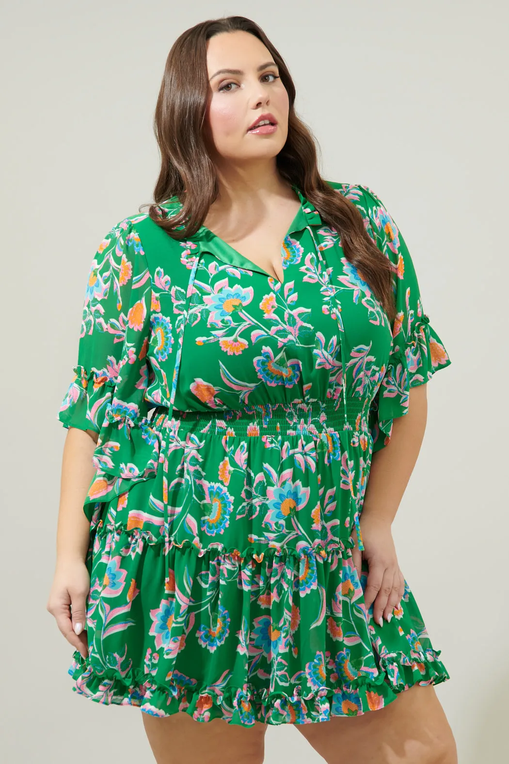 Belize Floral Amorcito Bell Sleeve Mini Dress Curve