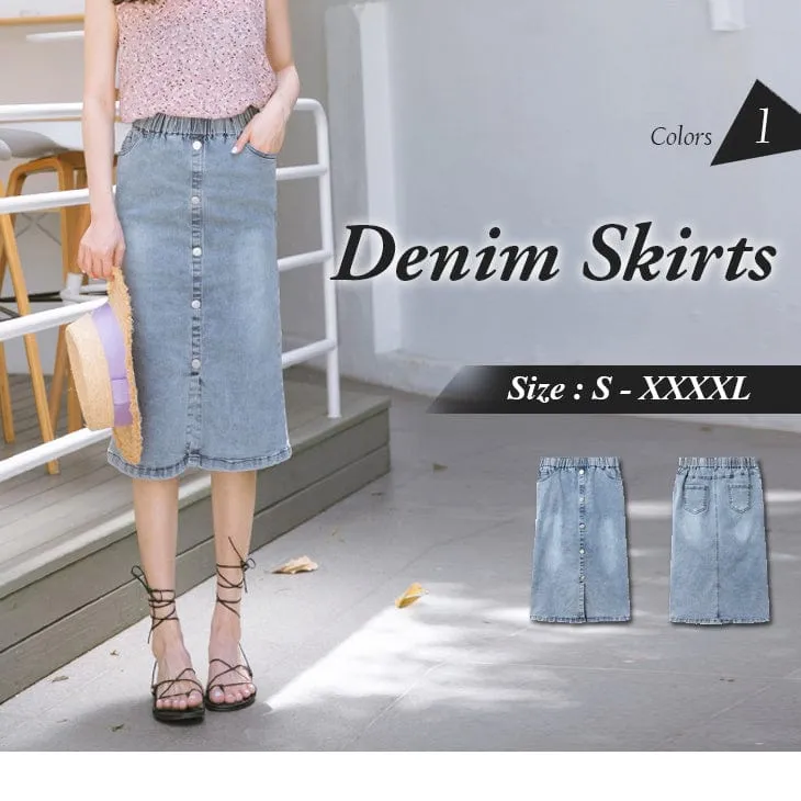 BUCKLE A-LINE DENIM MIDI SKIRTS