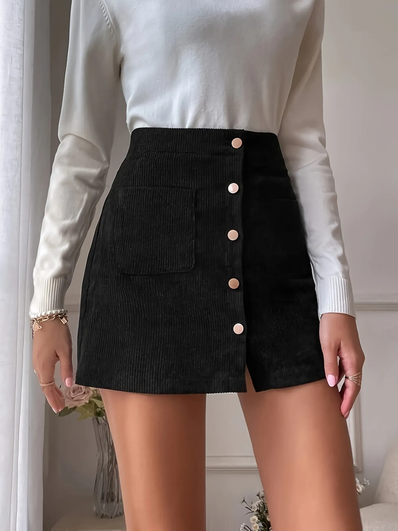 Casual Corduroy A-Line Slim Mid Waist Fashion Button Pencil Skirts