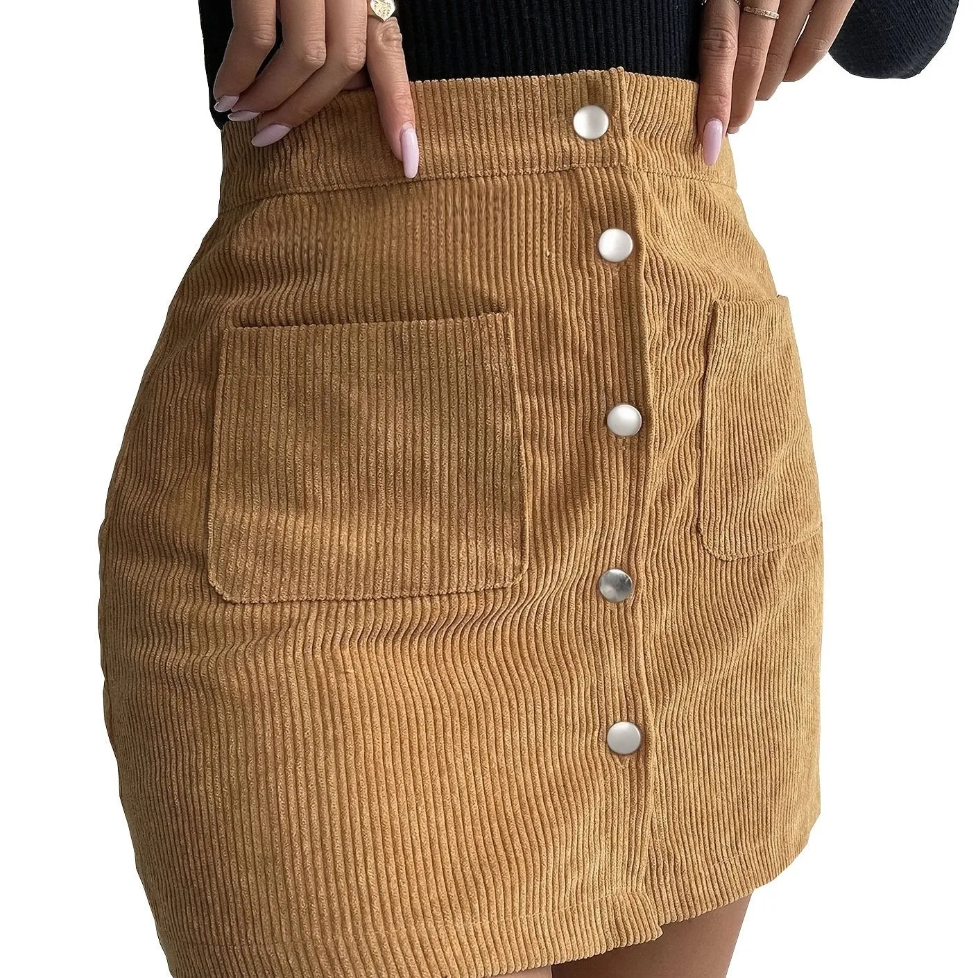 Casual Corduroy A-Line Slim Mid Waist Fashion Button Pencil Skirts