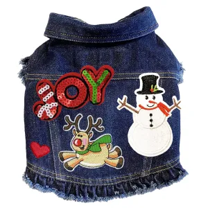 Custom Christmas Denim Dog Jacket With Ruffles Snowman Love