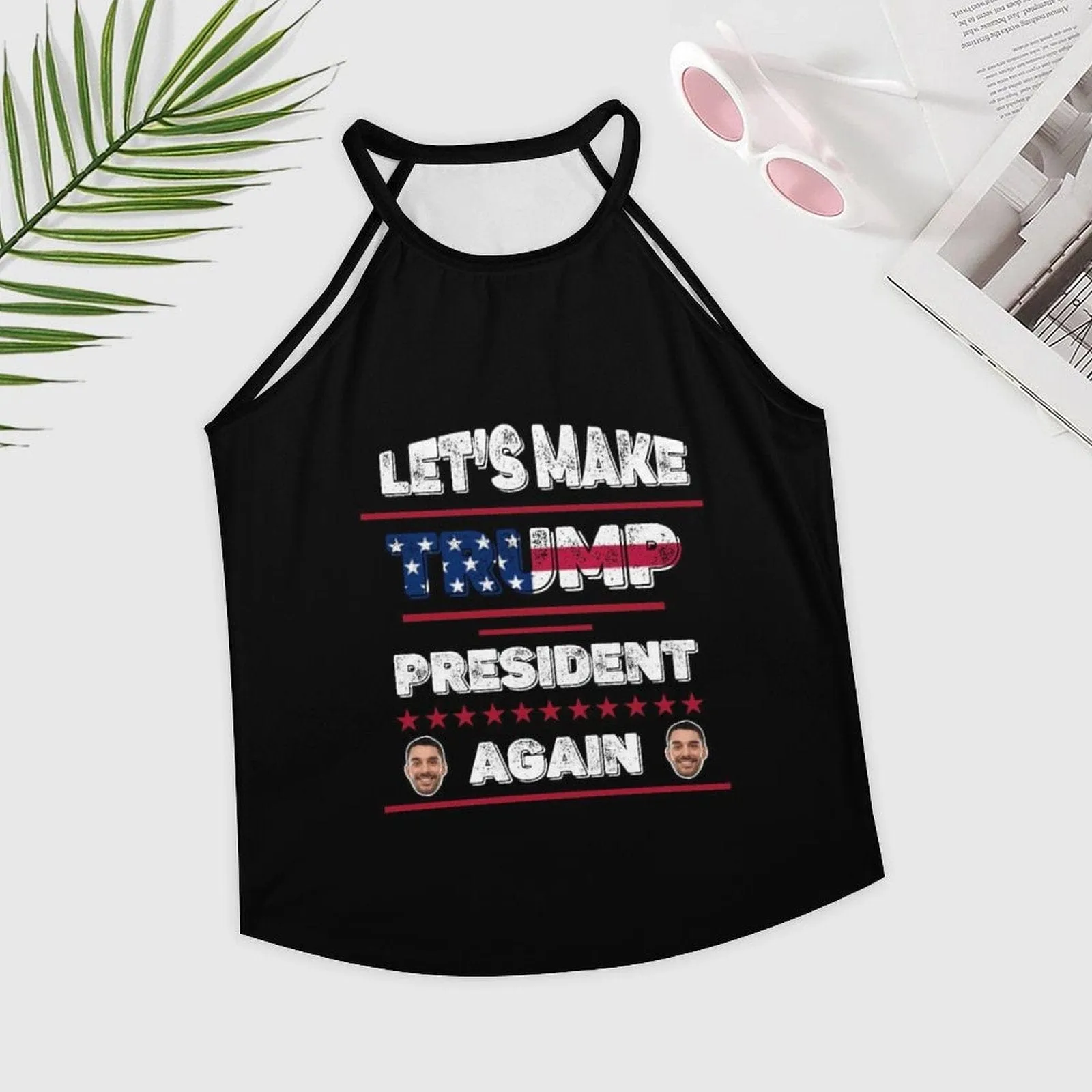 Custom Face Flag Women's Top Text Black Summer Halterneck Strapless Print Vest Shirts Loose Tank Top