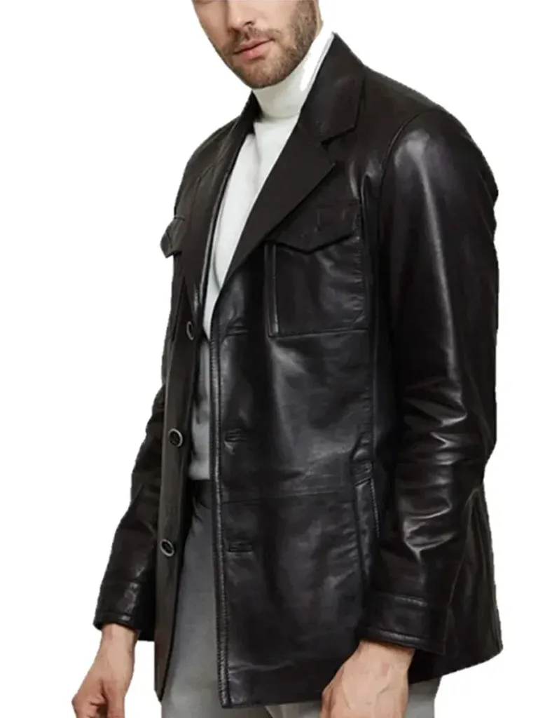 Daron Black Leather Slim-Fit Blazer