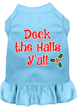 Deck The Halls Y'all Screen Print Dog Dress Baby Blue Lg