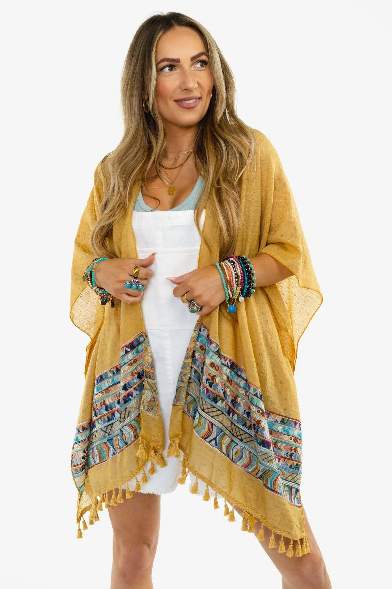 Fallon Embroidered Sleeve Kimono - Mustard