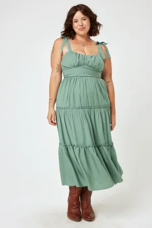 Green Bay Tie Shoulder Ruffle Midi Dress