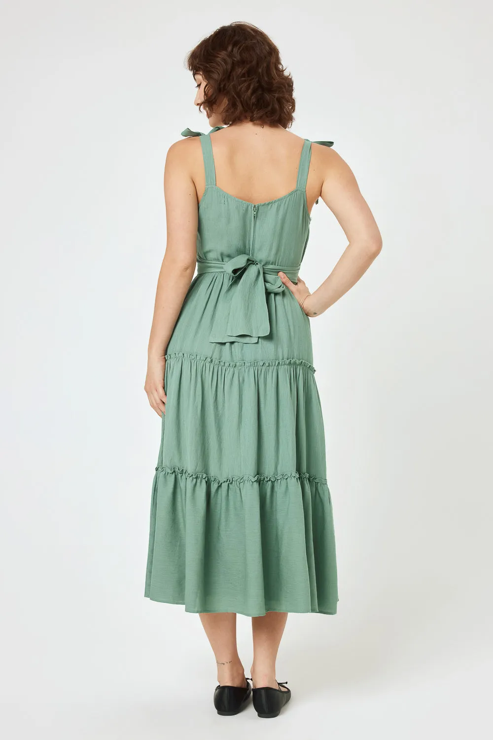 Green Bay Tie Shoulder Ruffle Midi Dress