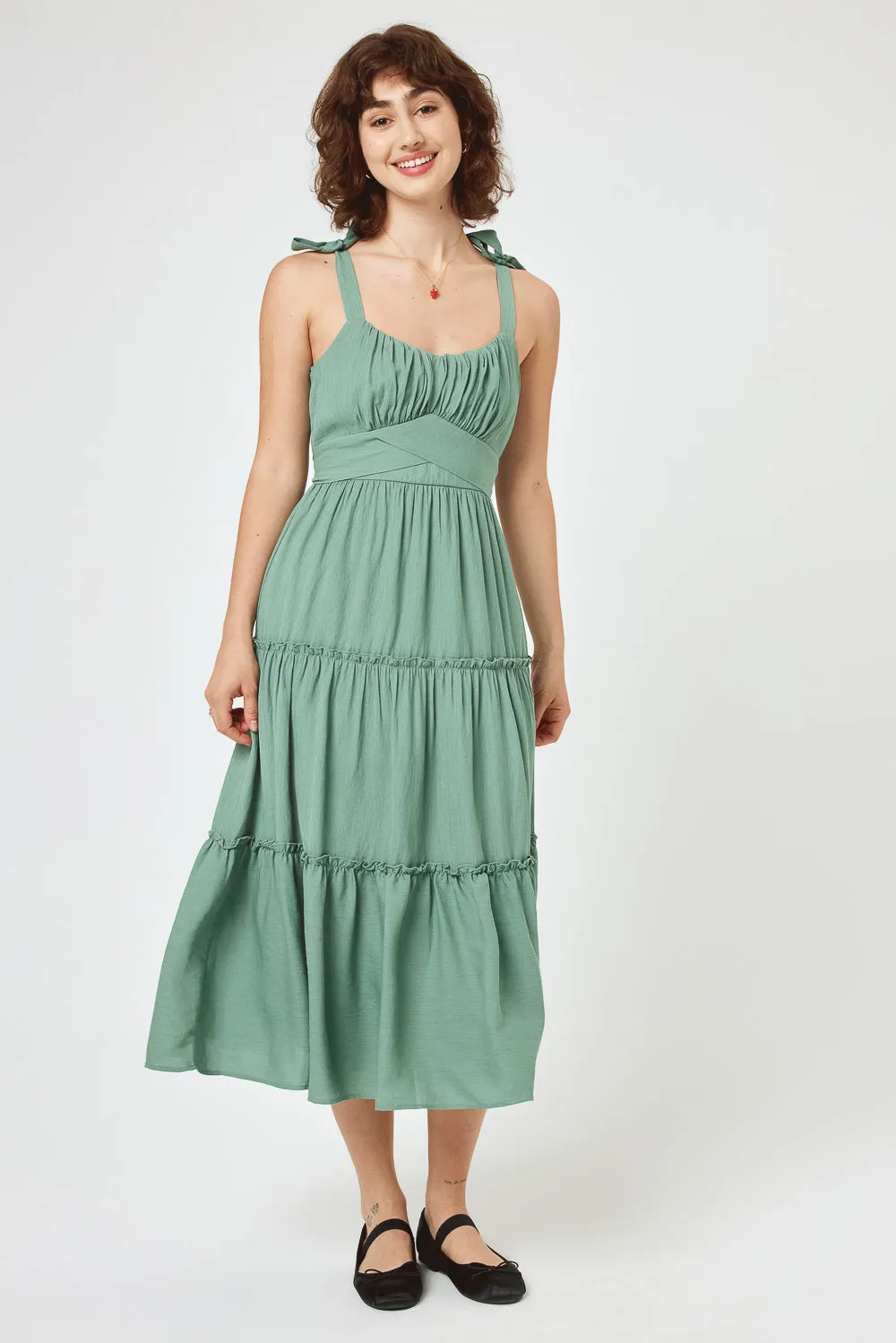 Green Bay Tie Shoulder Ruffle Midi Dress