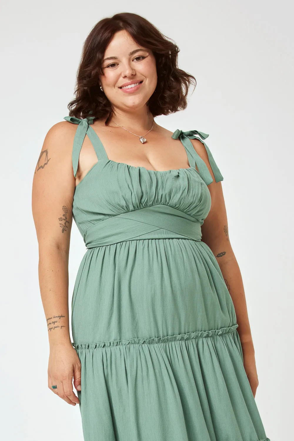 Green Bay Tie Shoulder Ruffle Midi Dress