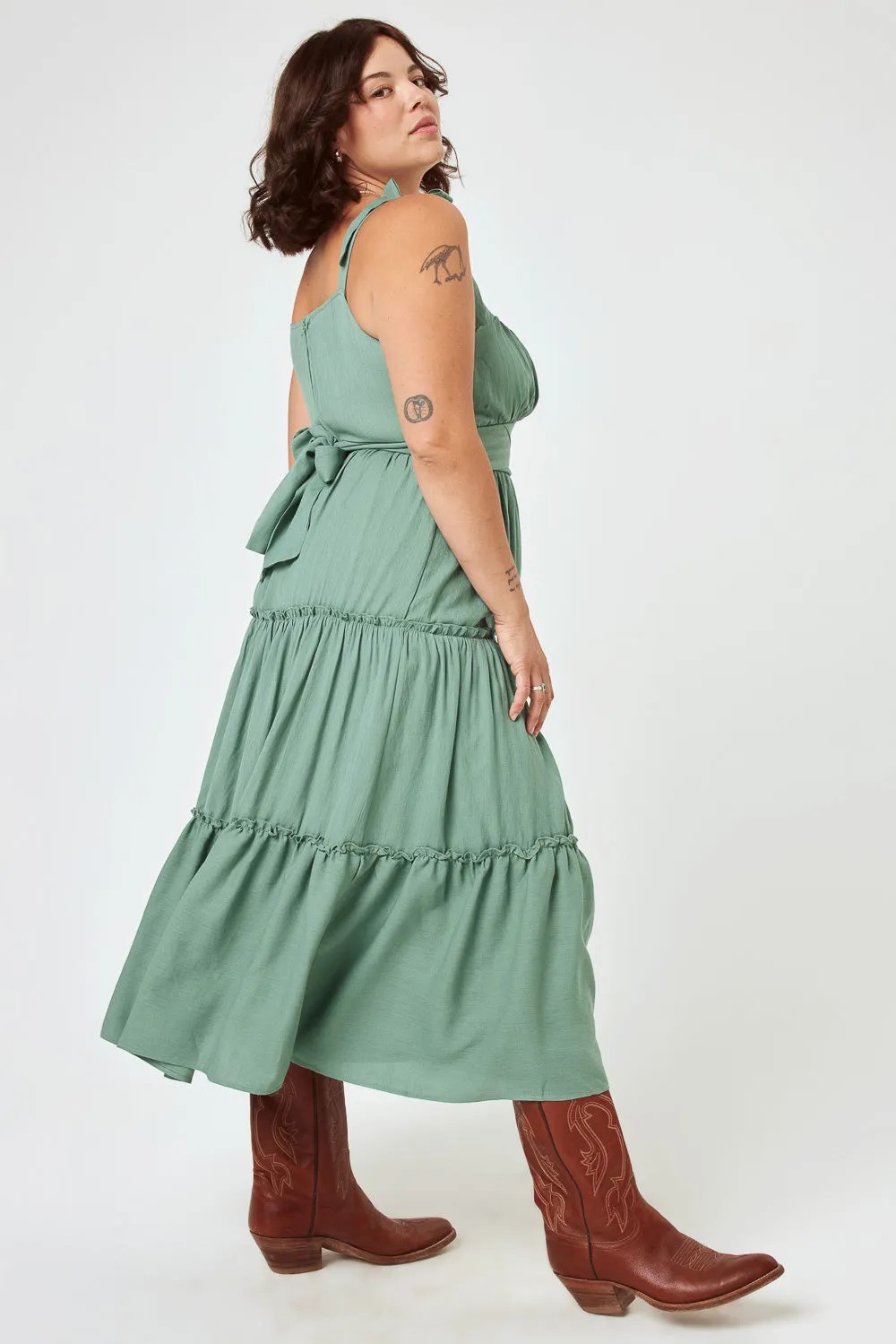 Green Bay Tie Shoulder Ruffle Midi Dress