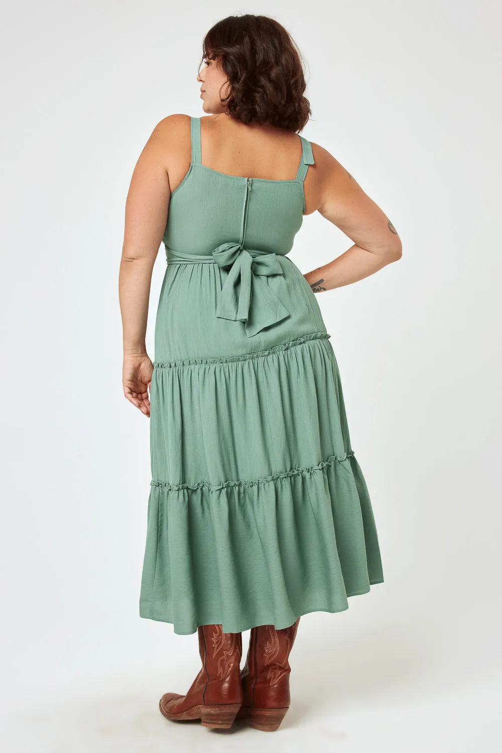 Green Bay Tie Shoulder Ruffle Midi Dress