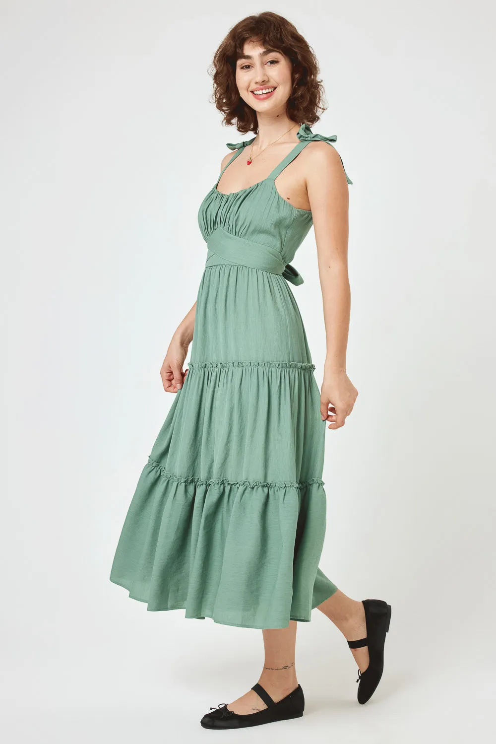 Green Bay Tie Shoulder Ruffle Midi Dress