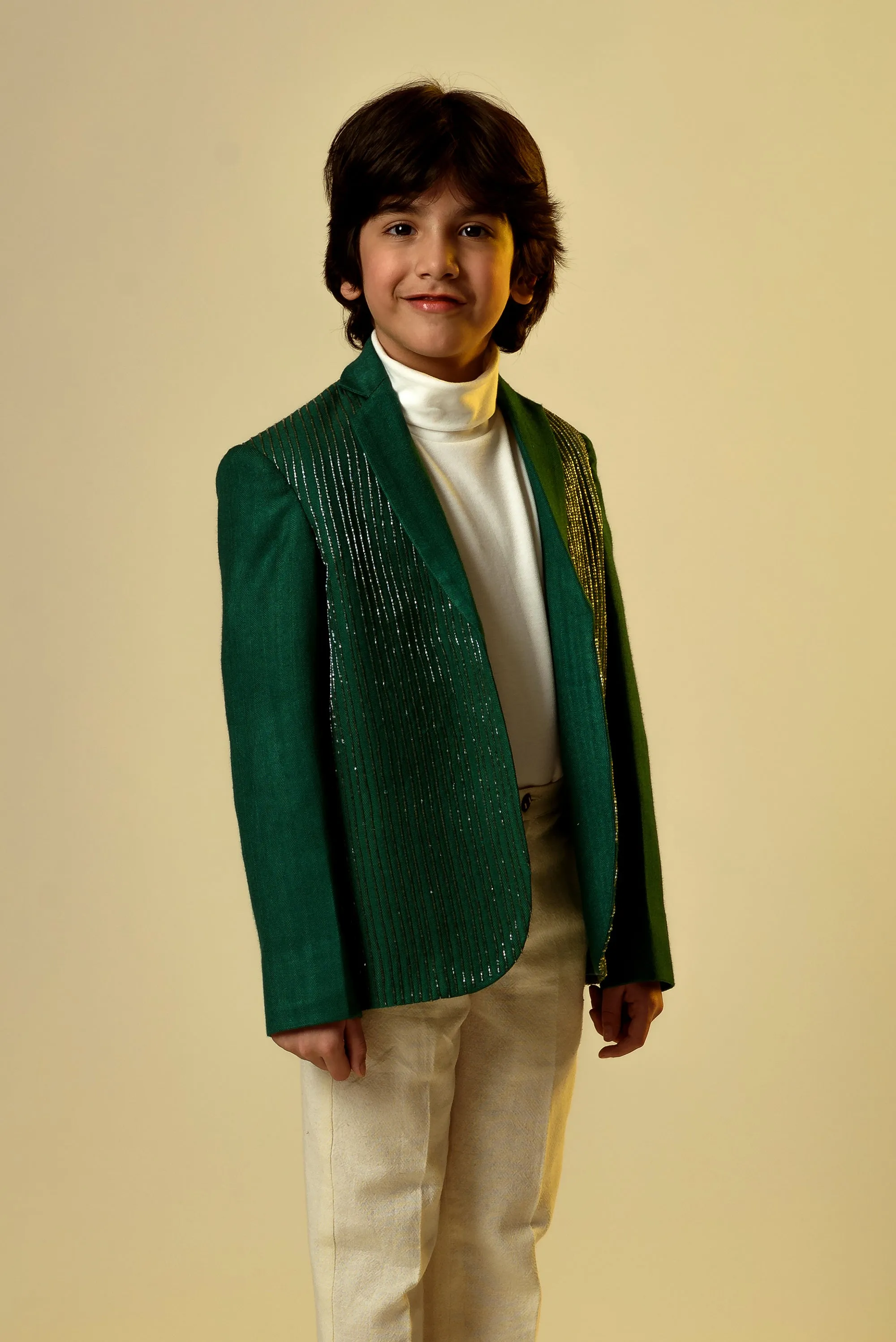 Green Eye- Embroidered Herringbone Organic Wool Blazer For Boys