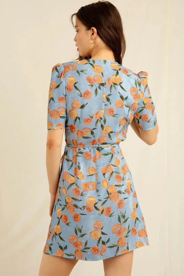 Groovy Fruit Printed Puff Sleeve French Style Wrap Mini Dress -Blue