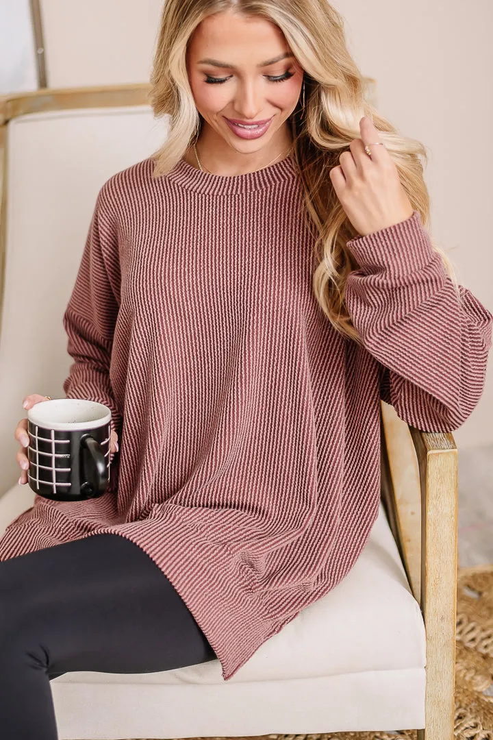 It's The Life Oversized Ribbed Top | Brown