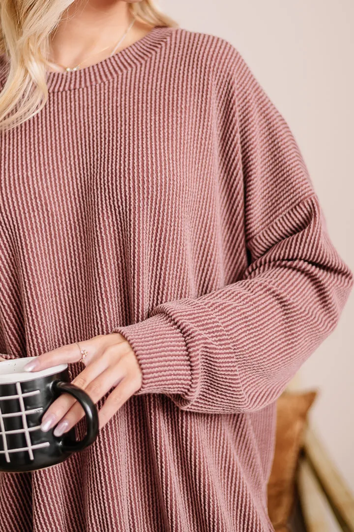 It's The Life Oversized Ribbed Top | Brown