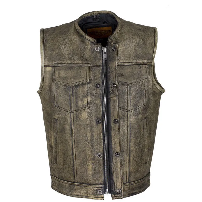 Men's Distressed Brown Naked Leather Motorcycle Club Vest With Gun Pockets Solid Back