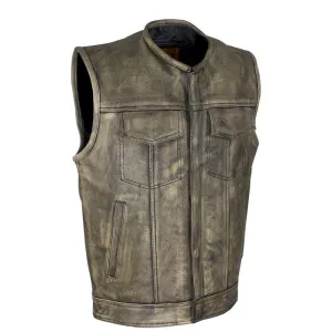 Men's Distressed Brown Naked Leather Motorcycle Club Vest With Gun Pockets Solid Back