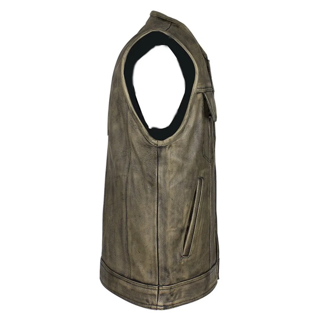 Men's Distressed Brown Naked Leather Motorcycle Club Vest With Gun Pockets Solid Back