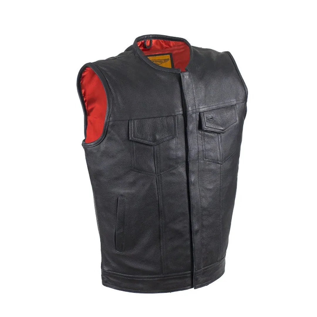 Mens No Collar Naked Leather Motorcycle Club Vest Solid Panel Back