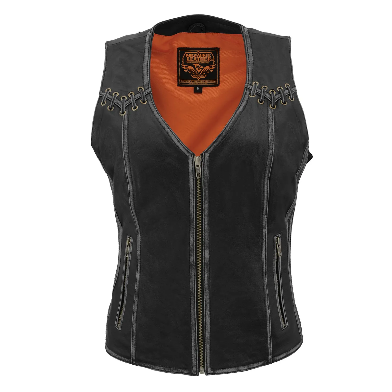 Milwaukee Leather MLL4526 Women's Distress Grey Leather Motorcycle Rider Vest- Stretch Side Panel W/ Lacing Detail