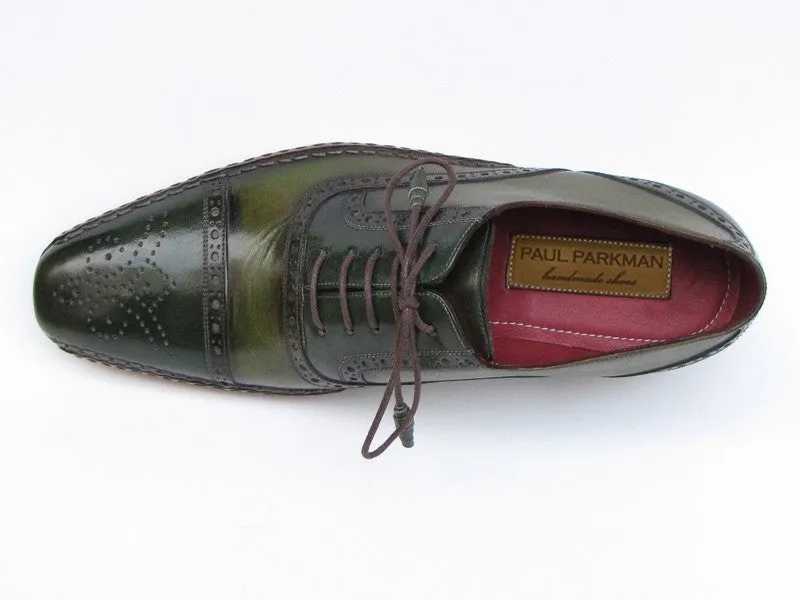 Paul Parkman Men's Side Handsewn Captoe Oxfords- Green/ Yellow Leather Upper and Leather Sole