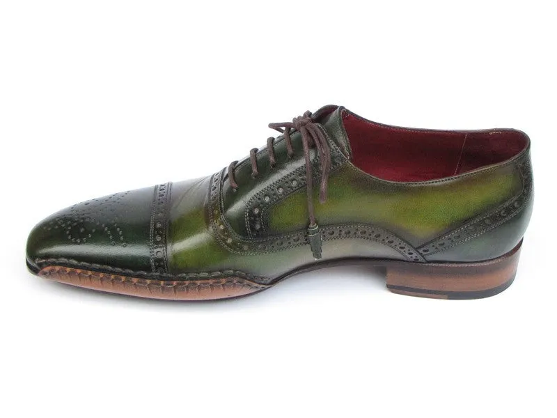 Paul Parkman Men's Side Handsewn Captoe Oxfords- Green/ Yellow Leather Upper and Leather Sole