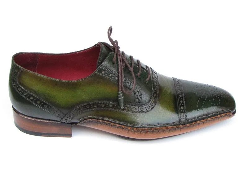 Paul Parkman Men's Side Handsewn Captoe Oxfords- Green/ Yellow Leather Upper and Leather Sole