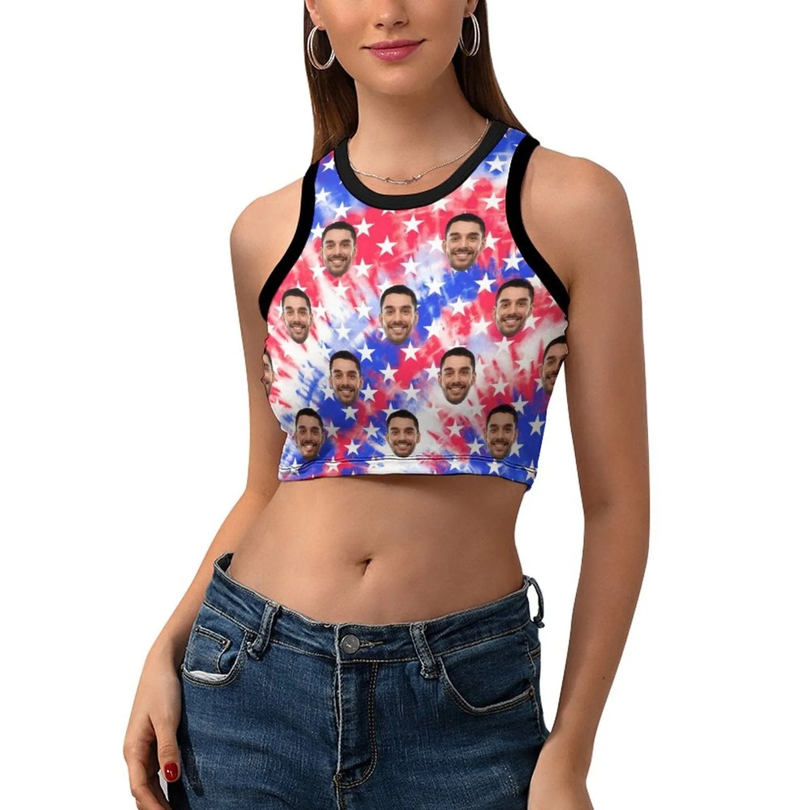 Personalized Tank Top with Custom Face Stars Women's High Neck Crop Top Swimsuits Bustier