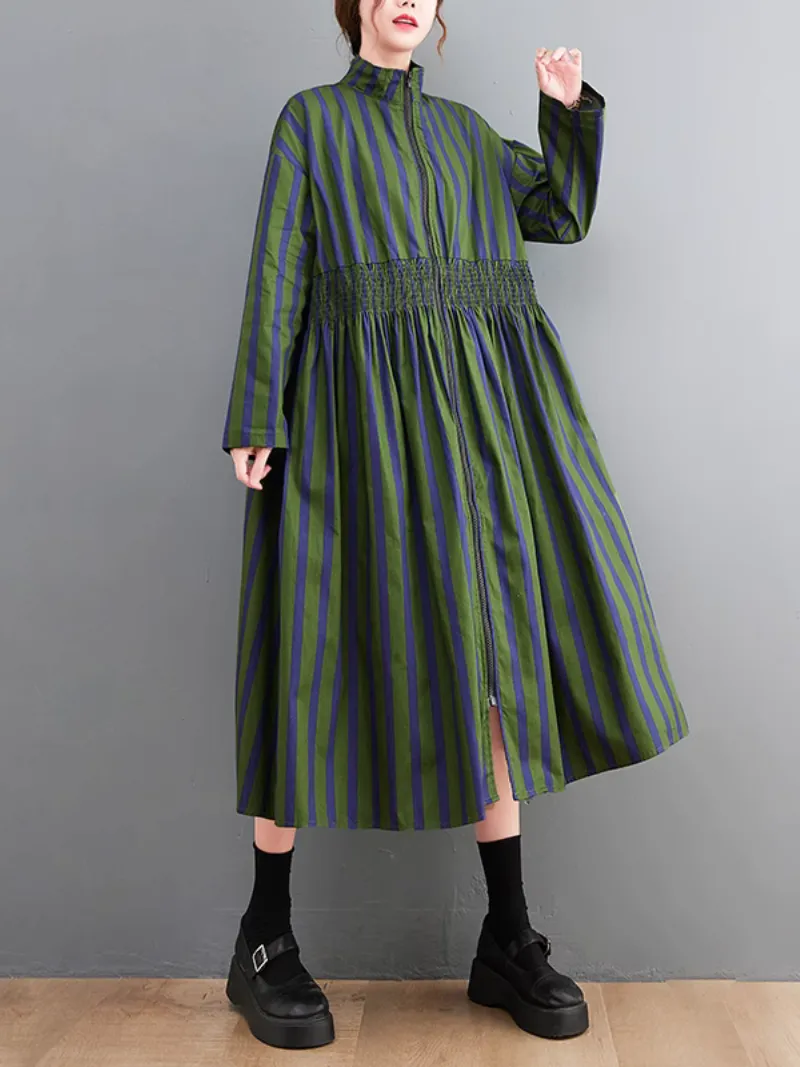 Printed Zipper Mid-Length Collar Striped A-line Dress