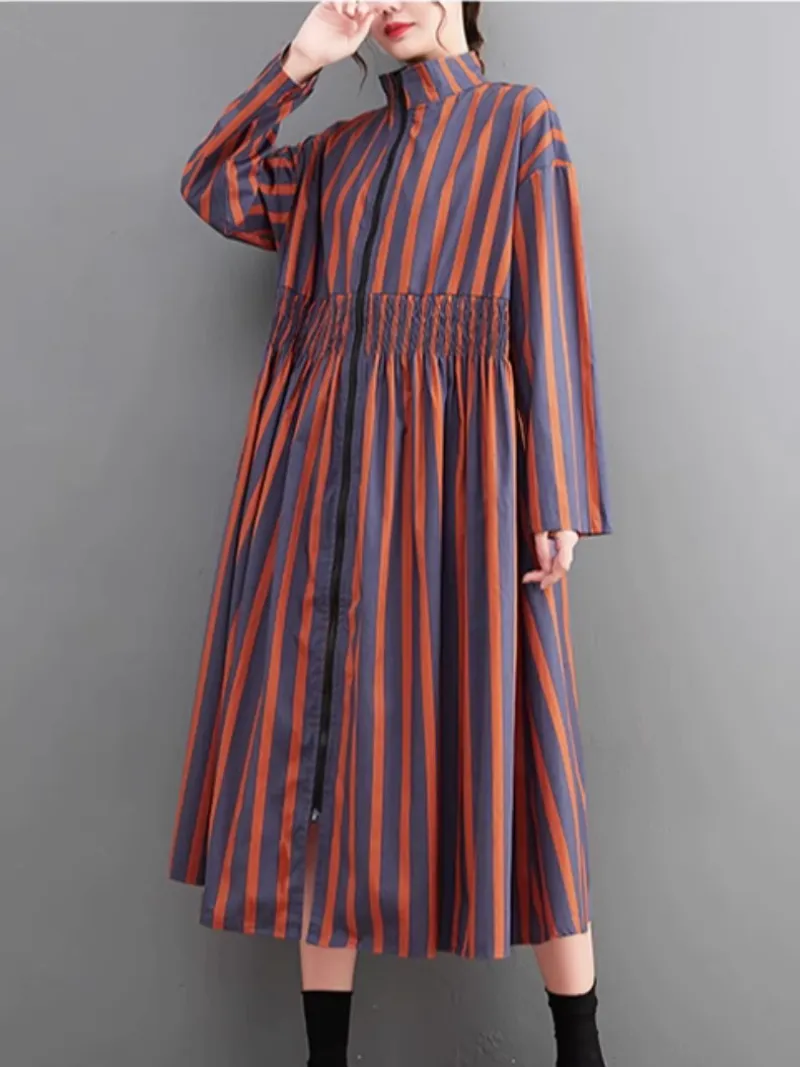 Printed Zipper Mid-Length Collar Striped A-line Dress