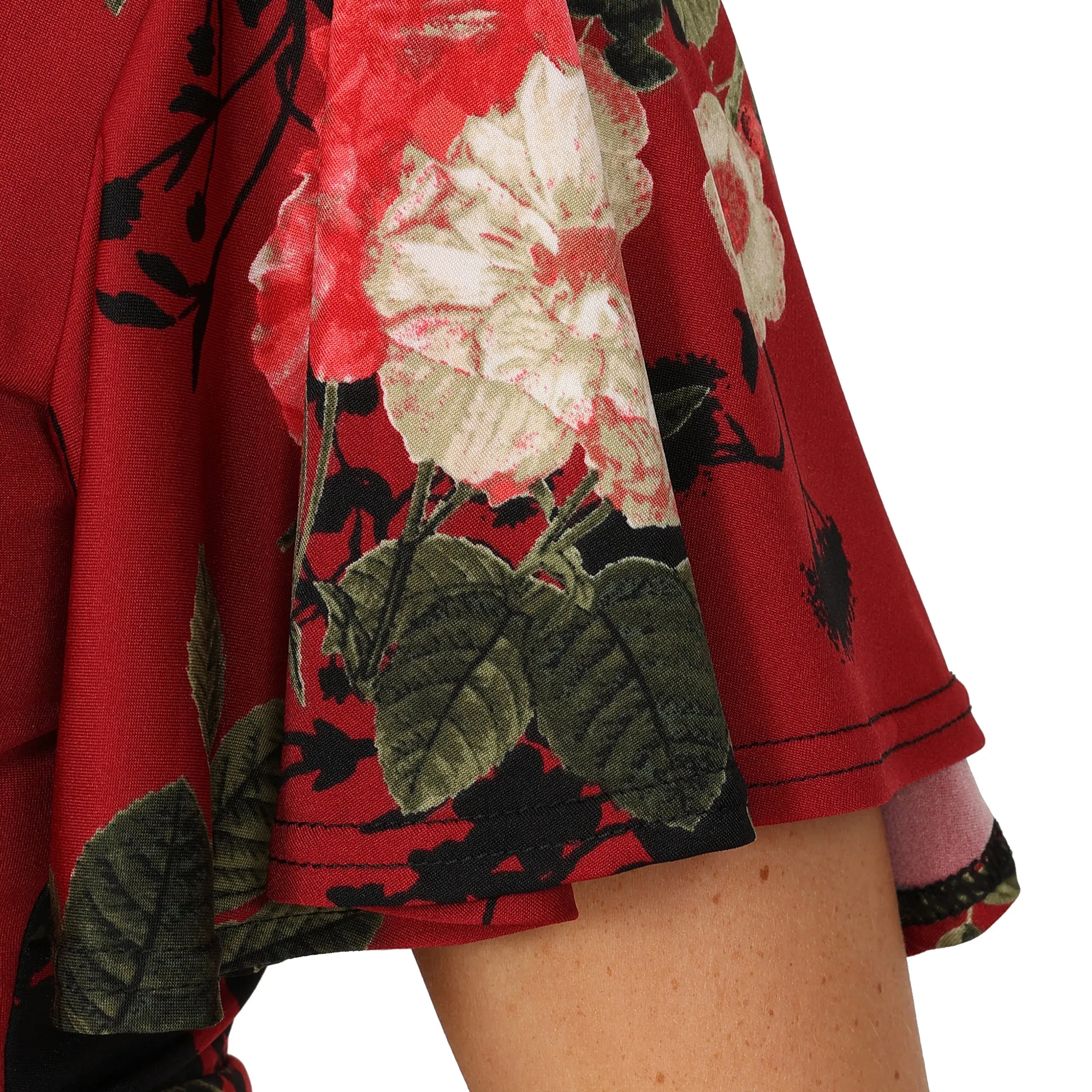 Red Wine Floral Print Cap Sleeve V Neck Wrap Top Swing Dress