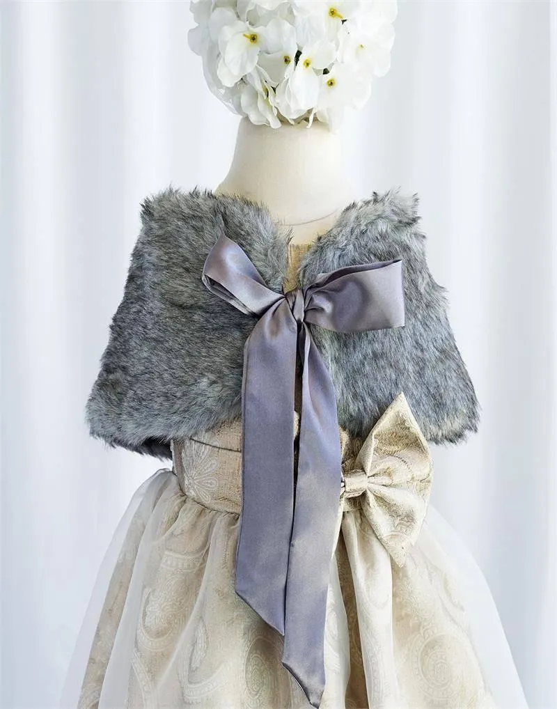 RIBBON BOW SHOULDER WRAP SOFT FAUX FUR SHAWL - Silver