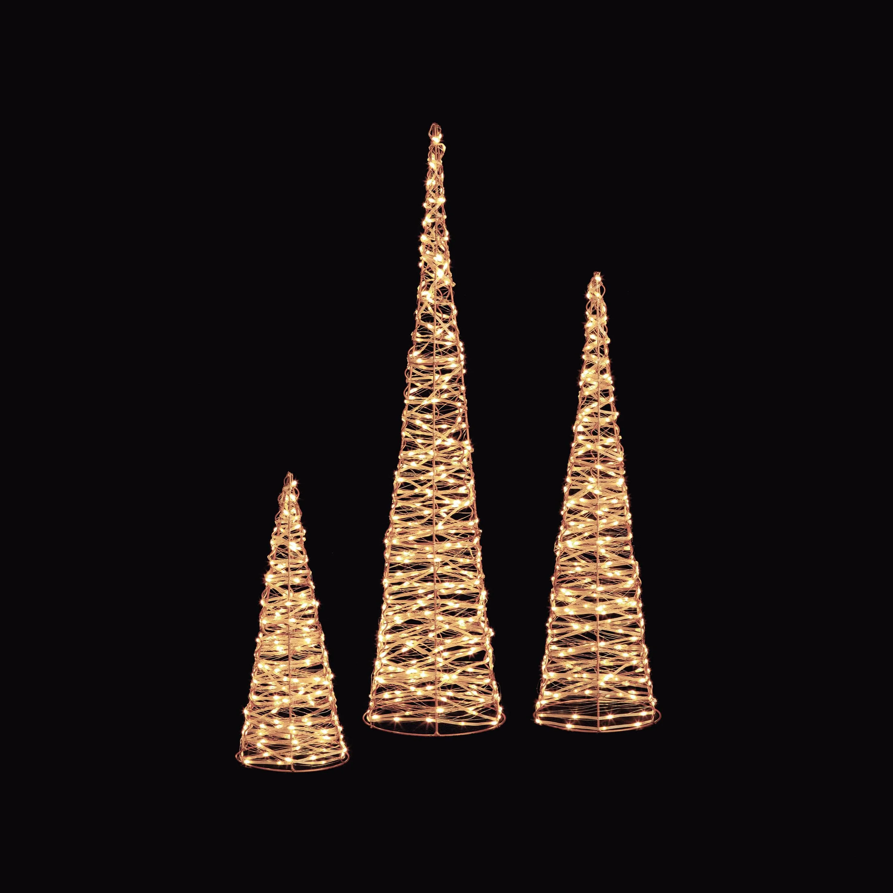 Set of 3 Rose Gold Christmas Cones With 900 Warm White LEDs