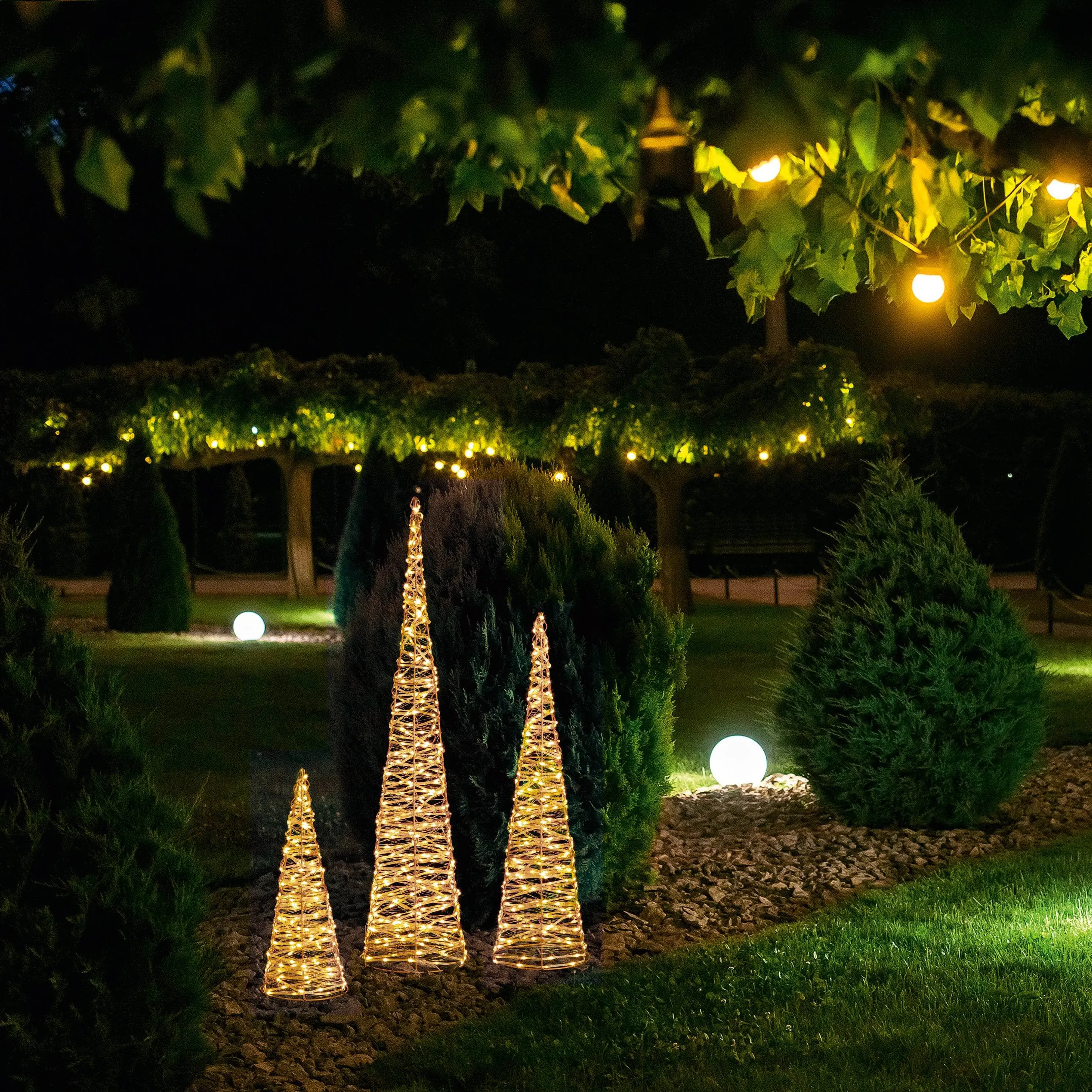 Set of 3 Rose Gold Christmas Cones With 900 Warm White LEDs