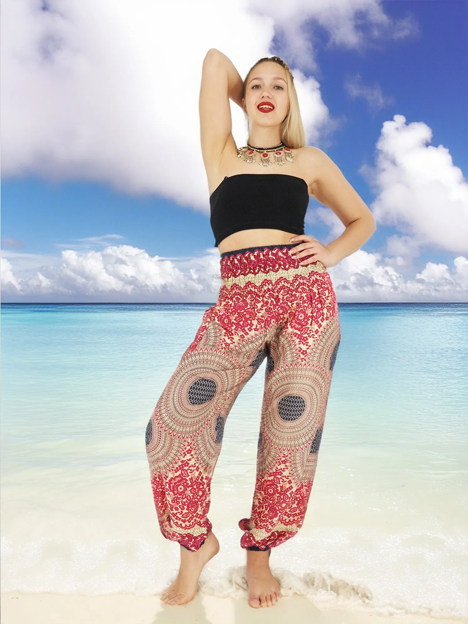 Unisex Harem Yoga Hippie Boho Pants in Pink With Blue Floral Print M