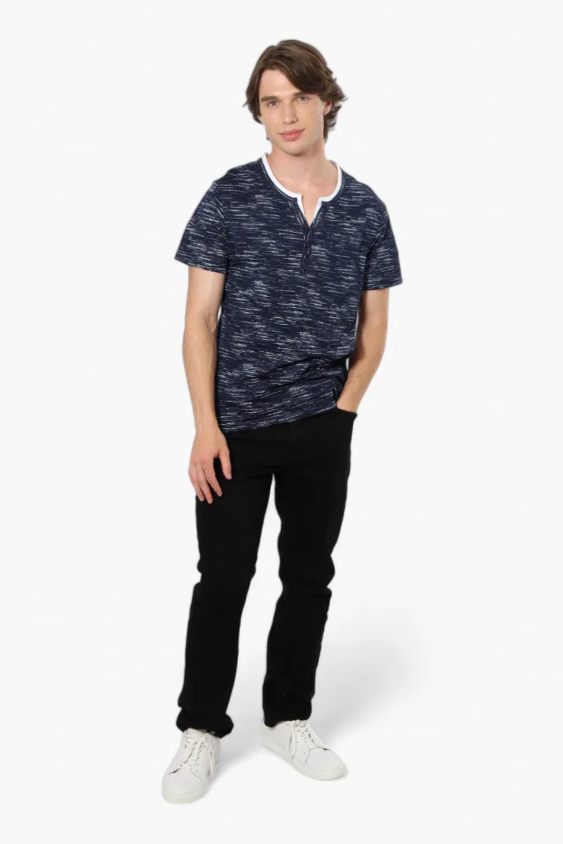 Urbanology Patterned V-Neck Henley Tee - Navy